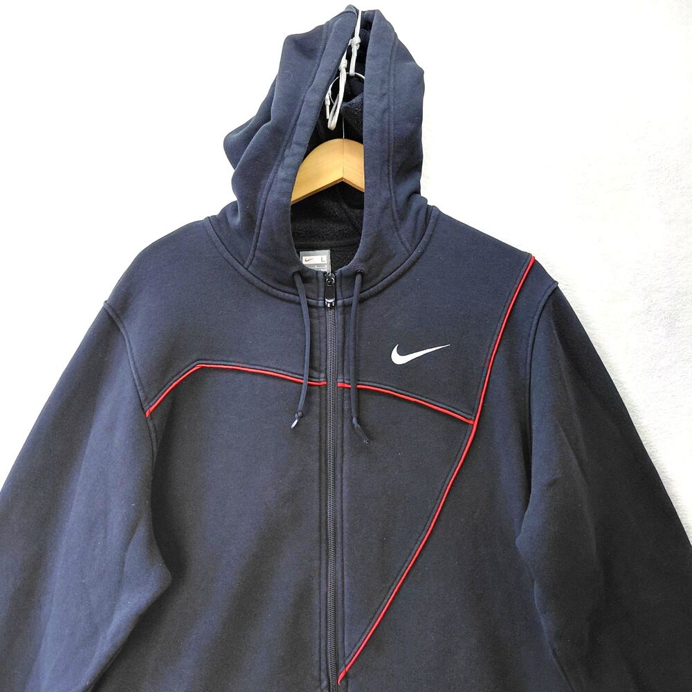 VTG Nike Hoodie Mens Large Black Full Zip Heavyweight Y2K Piping Jacket 351703